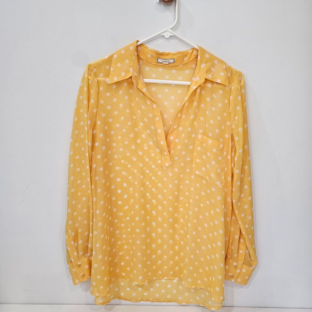 Pleione Polka Dot Sheer Blouse Womens Small Yellow Flowy Resort Cottagecore